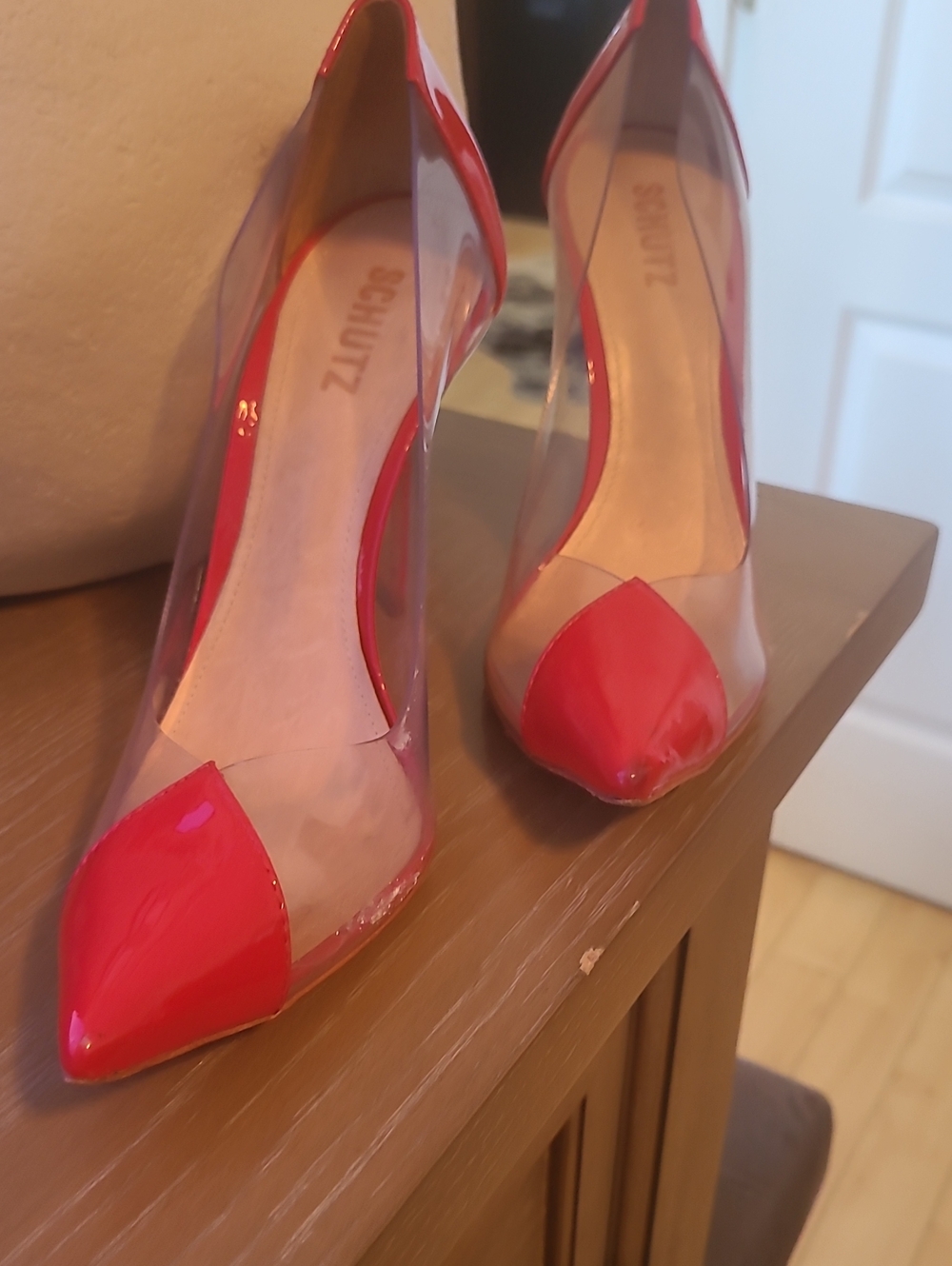 SCHUTZ Red Patent Pointed Toe Clear-Side Pumps